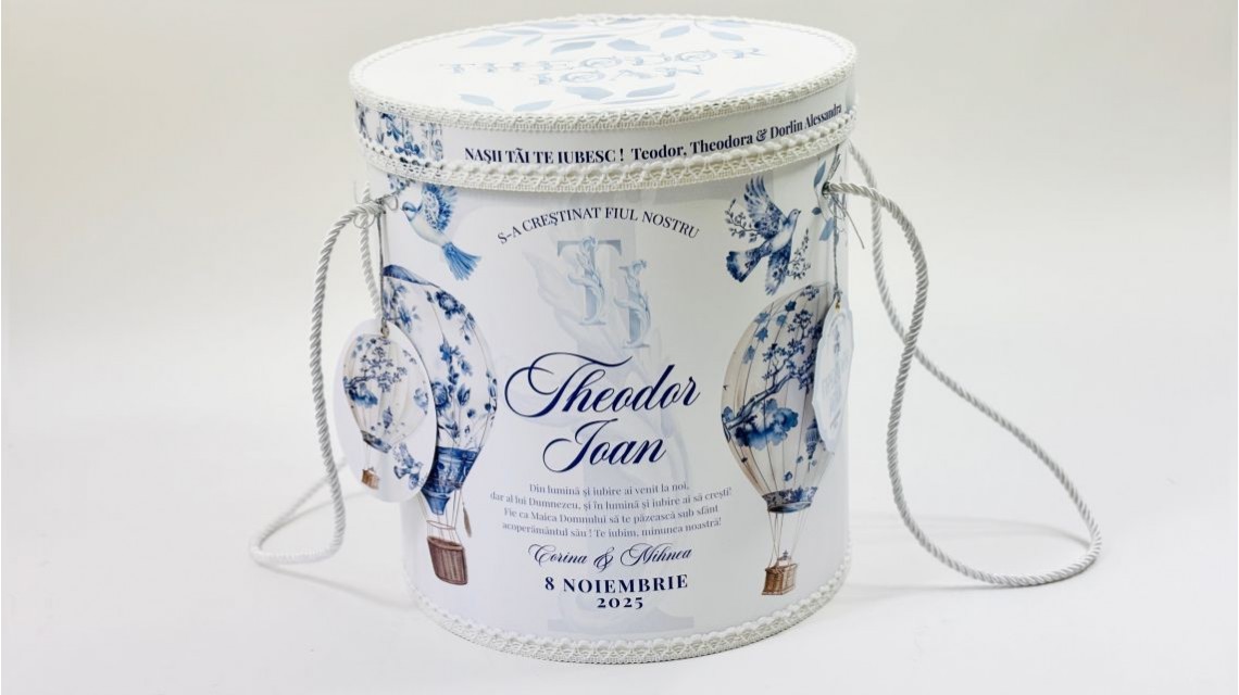 Trusou botez baietel Hot Air Balloon Blue Toile cu baloane de aer cald design elegant 38